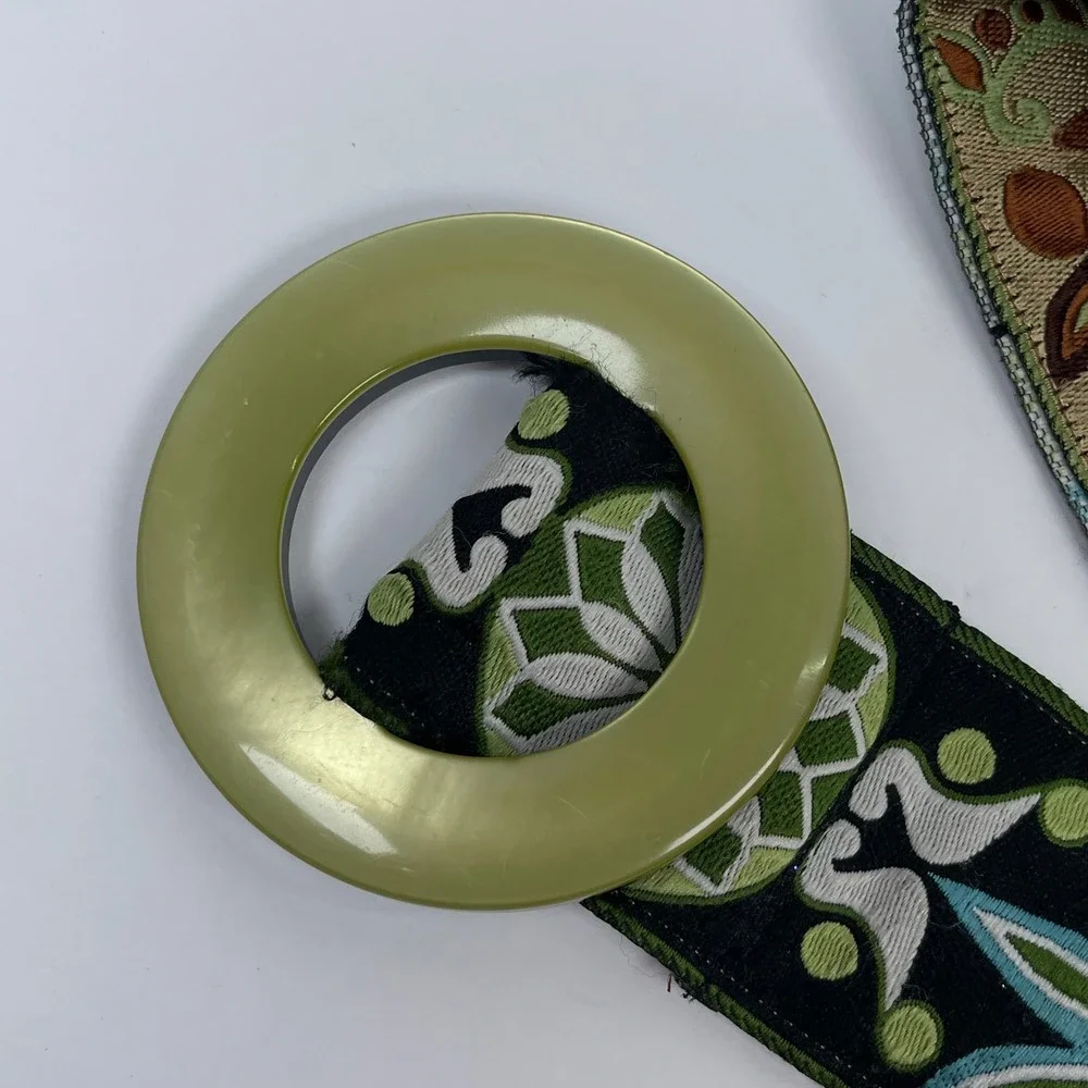Vintage Floral Embroidered O-Ring Buckle Belt Womens Green Blue Boho Folk 70s